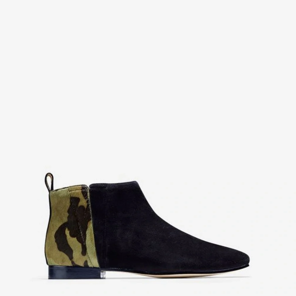COLE HAAN Embury Bootie Black Suede/Green Camo pony hair & calf leather size 7